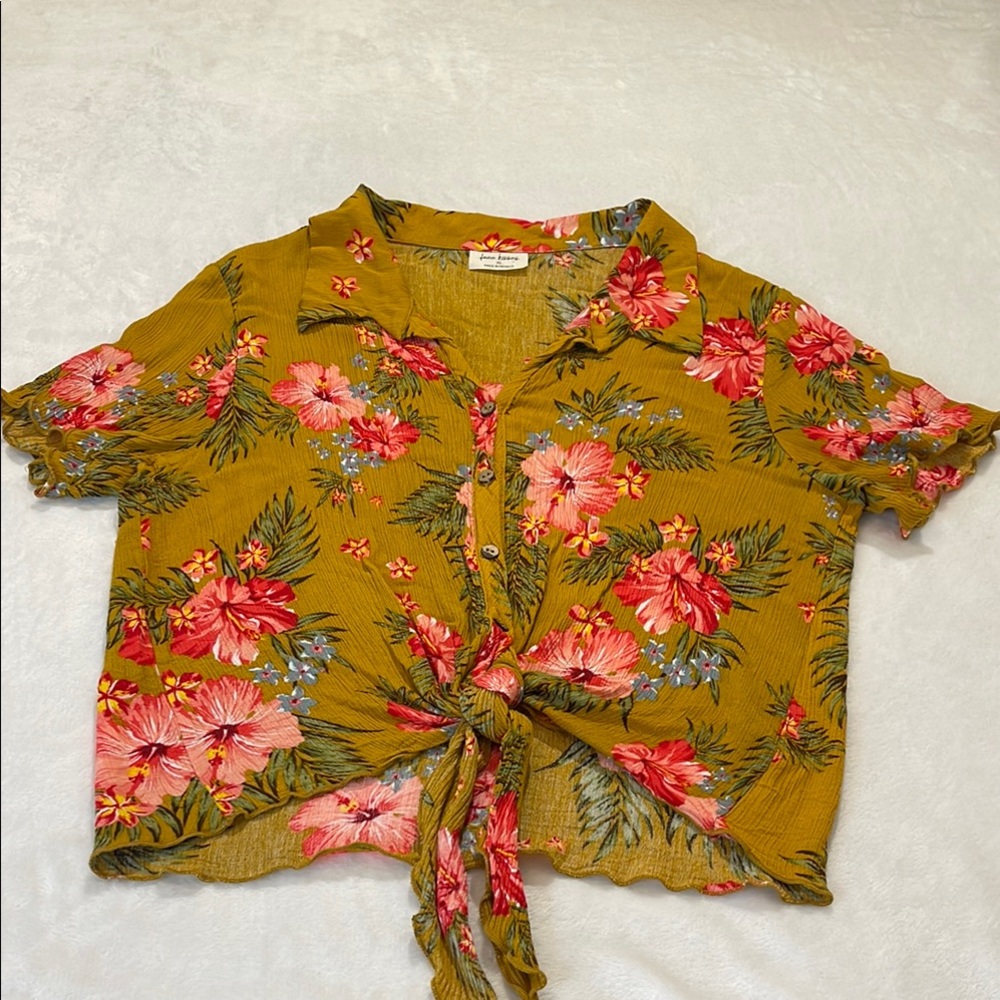 FREE KISSES GIRLS SIZE XL Floral Tie-Front Top in Mustard
